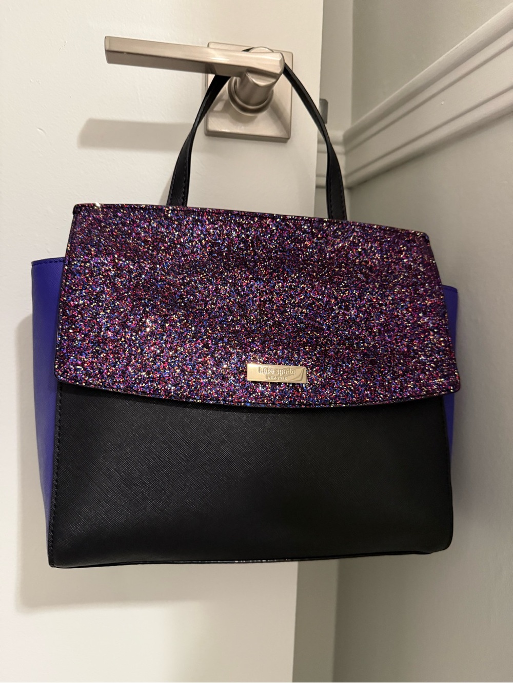Kate Spade Glitter Flap Top Crossbody Tote - Black & Ultramarine NWOT